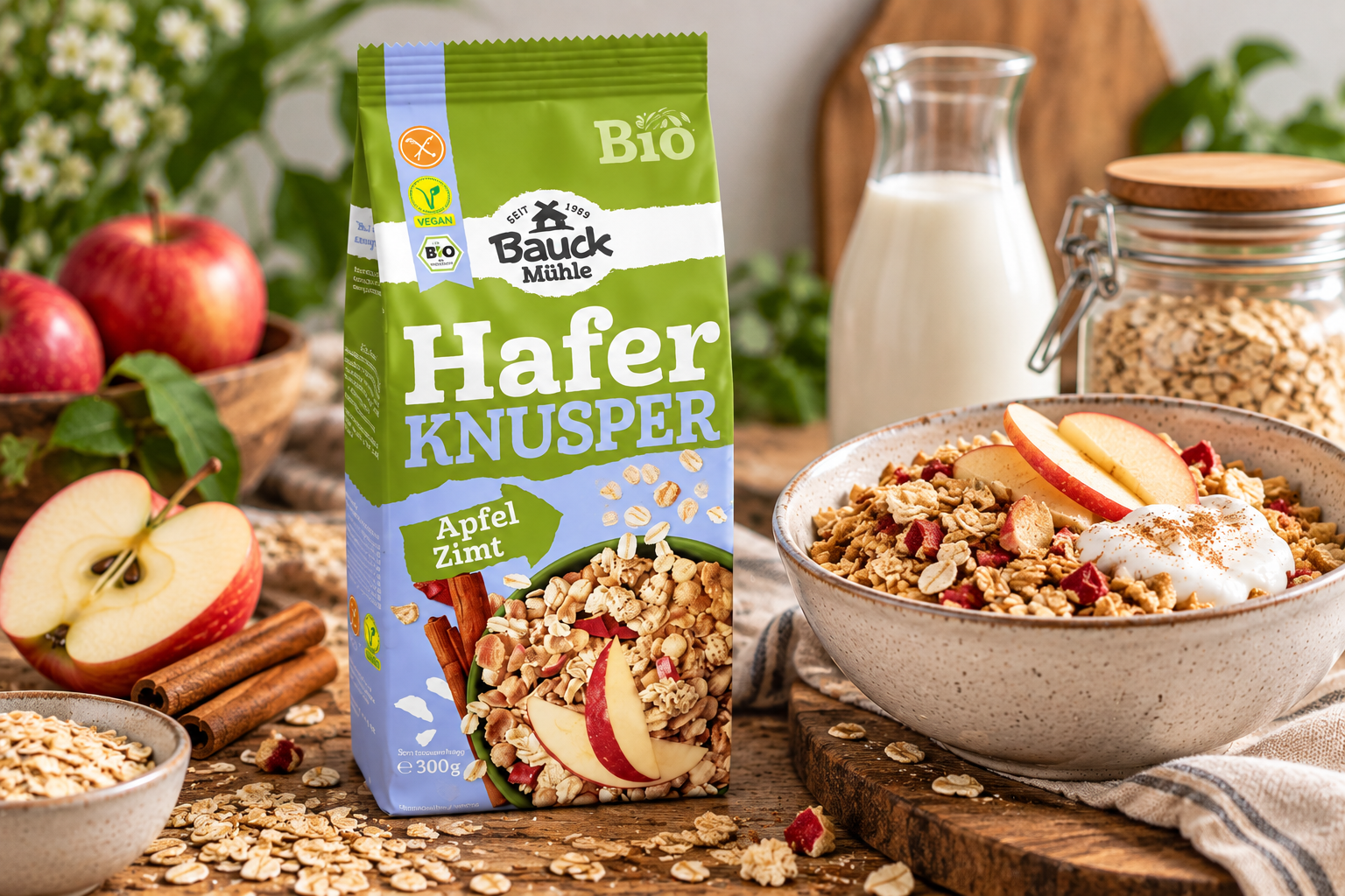 Bezlepkové křupavé OVESNÉ CEREÁLIE jablko skořice BIO 300 g - Bauck